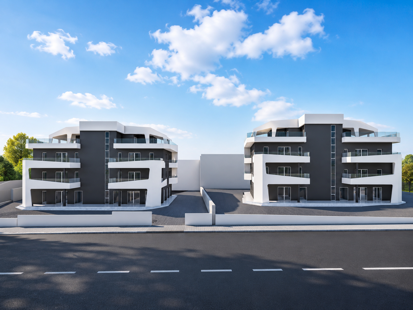 Vista frontale del complesso. Rendering di progetto fornito.